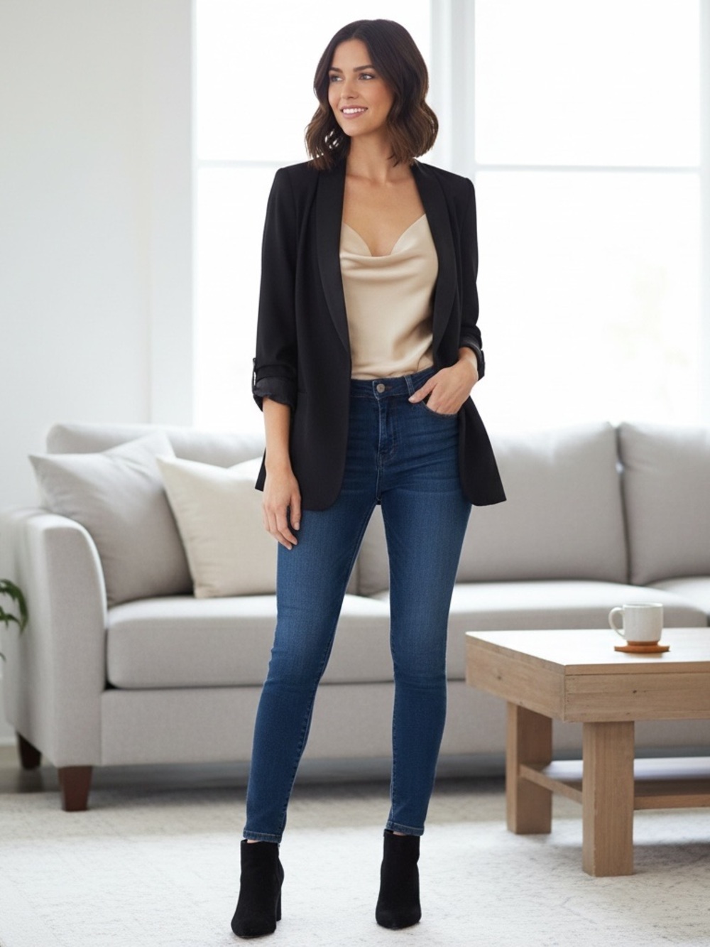 Wilfred Black Open Blazer with Rolled 3/4 Sleeves